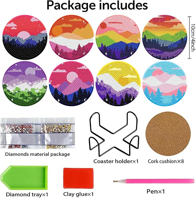 8 PCS Diamond Art Coasters Kits Moutain Sunset Diamond Painting Coaster |