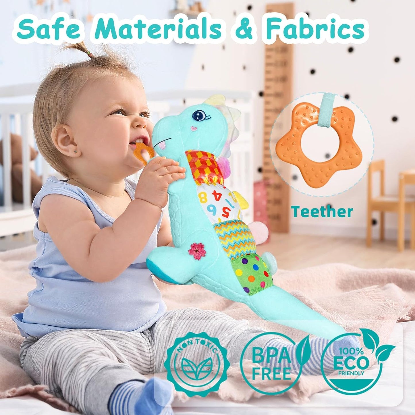 Baby Dino Plush Soft Stuffed Animal Toy for 0-3-6-12+ Months,Infant Musical Toy with Rattle,Squeaker,Sensory Crinkle,Teether & Textures,Tummy Time Toys Christmas Baby Gift for Newborn Girl Boy (Blue)