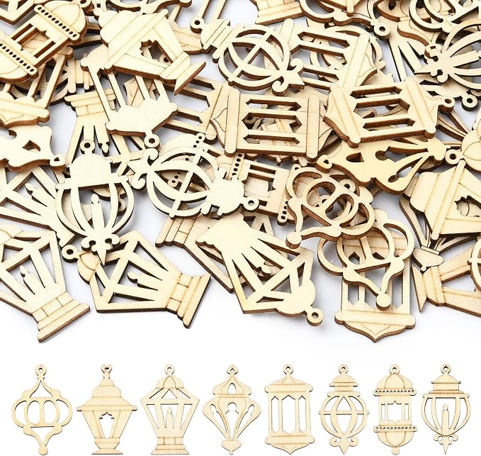 200 pcs Mixed Styles Hollow Lantern Theme Undyed Wood Cutout Charms Pyrography