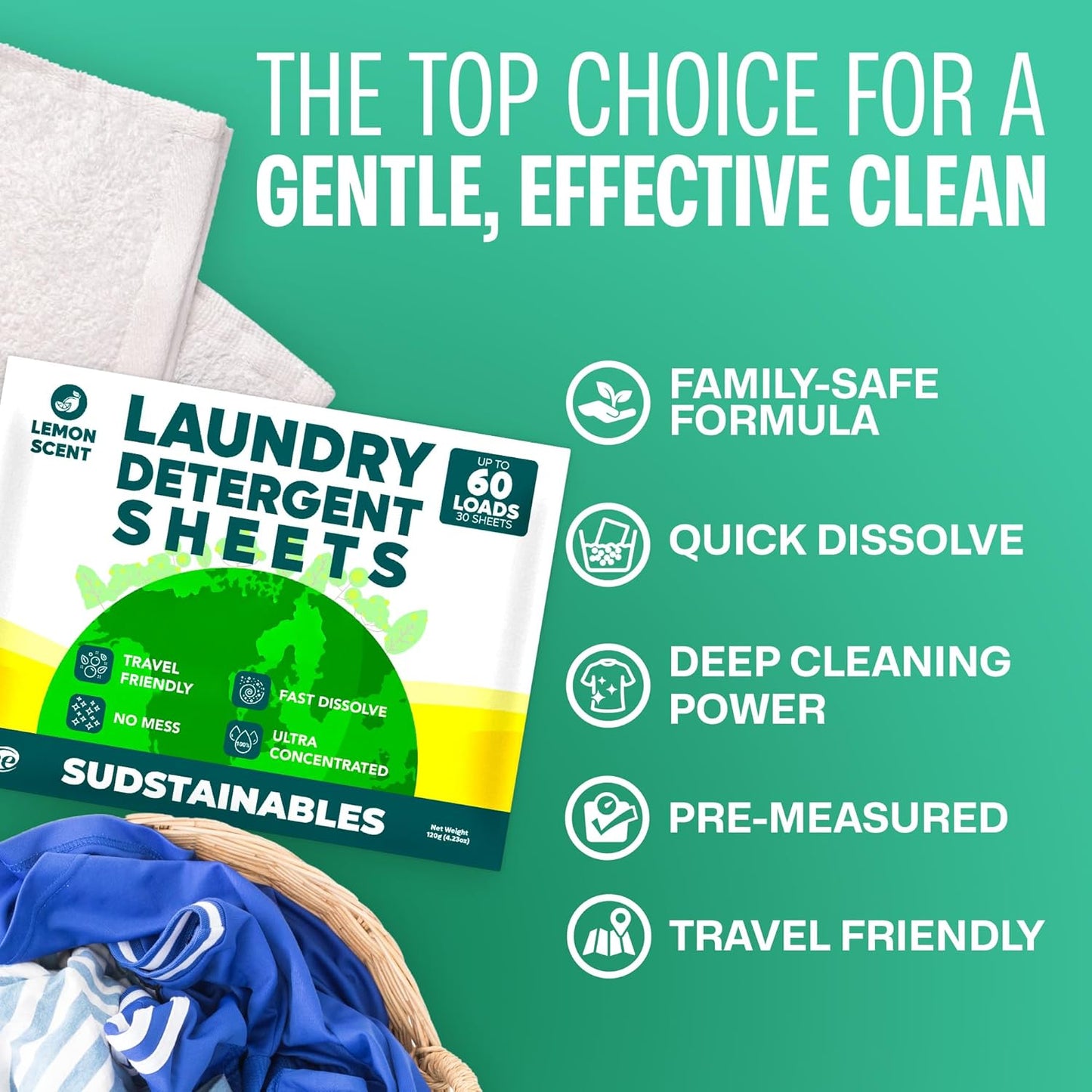 Sudstainables Laundry Detergent Sheets 60 Loads – Dissolvable Laundry Sheet for Washing Machines, Compact Alternative to Liquid & Powder Detergent, Travel-Friendly Soap | Lemon