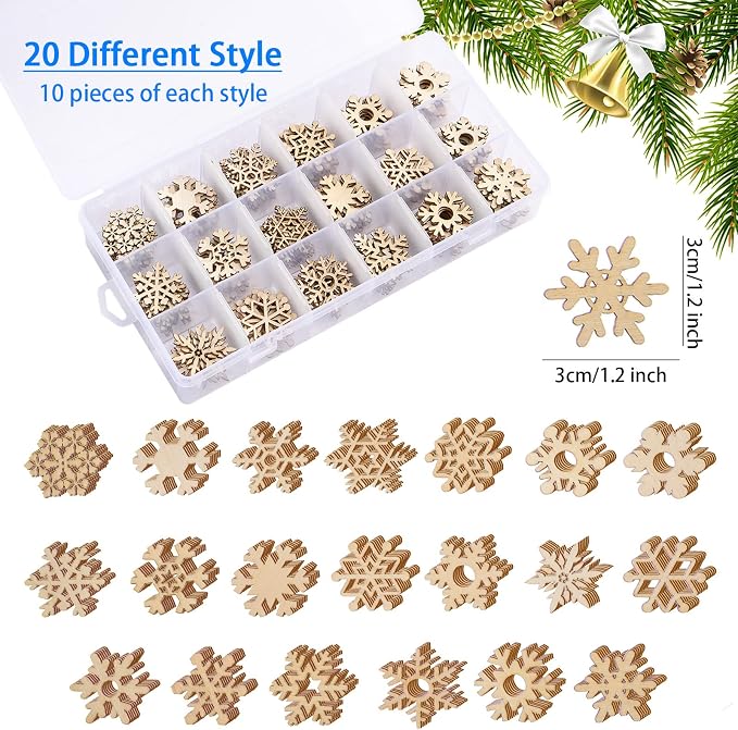 200 Pcs Unfinished Wooden Snowflake Ornament DIY Wood Snowflakes Cutouts Blank