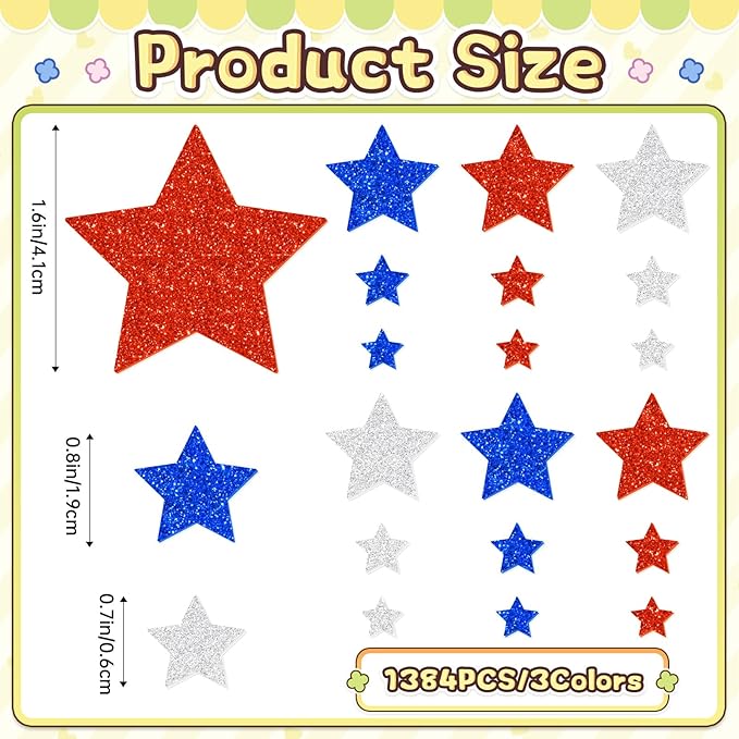 1384Pcs Glitter Foam Stickers, Colorful Self Adhesive Geometric Foam Stickers