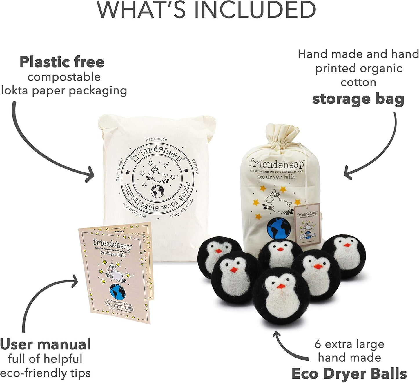 Friendsheep Wool Dryer Balls, Organic Reusable Fabric Softener Alternative for Laundry, Handmade, Fair Trade, Hypoallergenic, Eco-Friendly, Plastic-Free (6 Pack XL – Black Penguin)