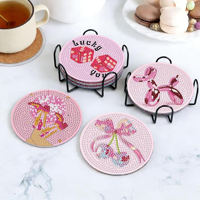8PCS Pink Disco Diamond Art Coasters Kit