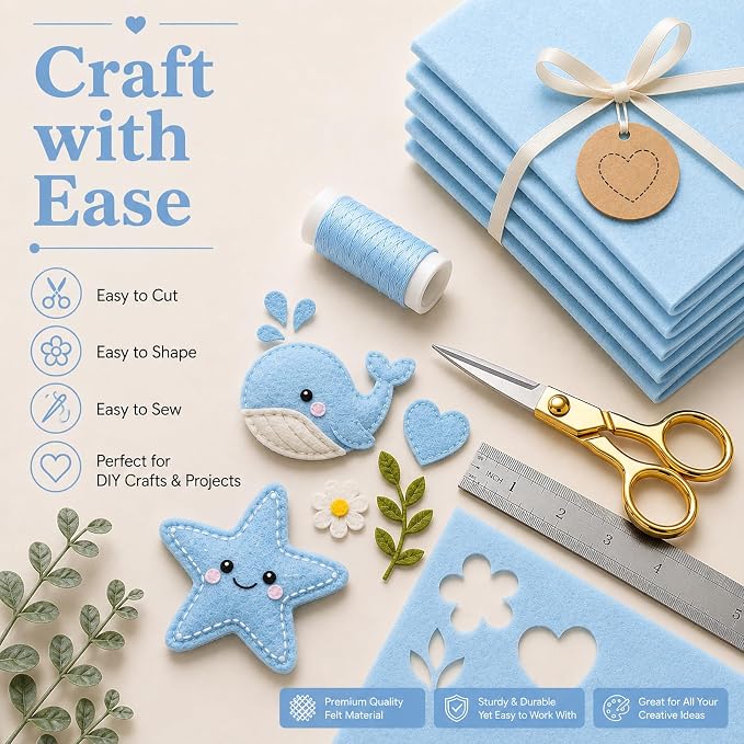 Baby Blue Large Felt Fabric 36" x 36", 1mm Stiff Felt Sheet, Nonwoven Fabric