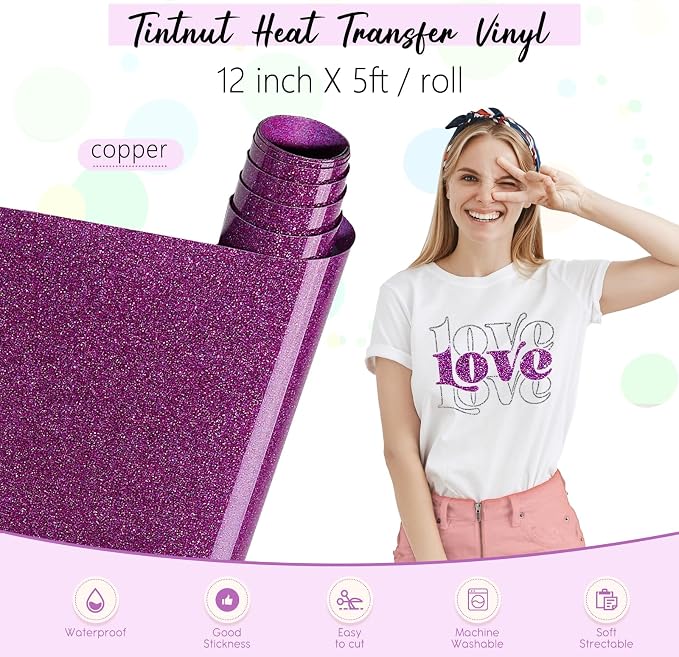 Tintnut Purple Glitter Heat Transfer Vinyl Roll, easy cut & weed, stretch
