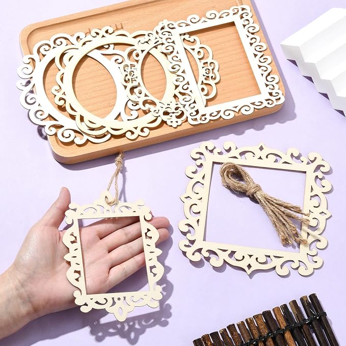 12 pcs 6 Styles Hollow Theme Undyed Wooden Photo Frames Laser Cut Oval Square