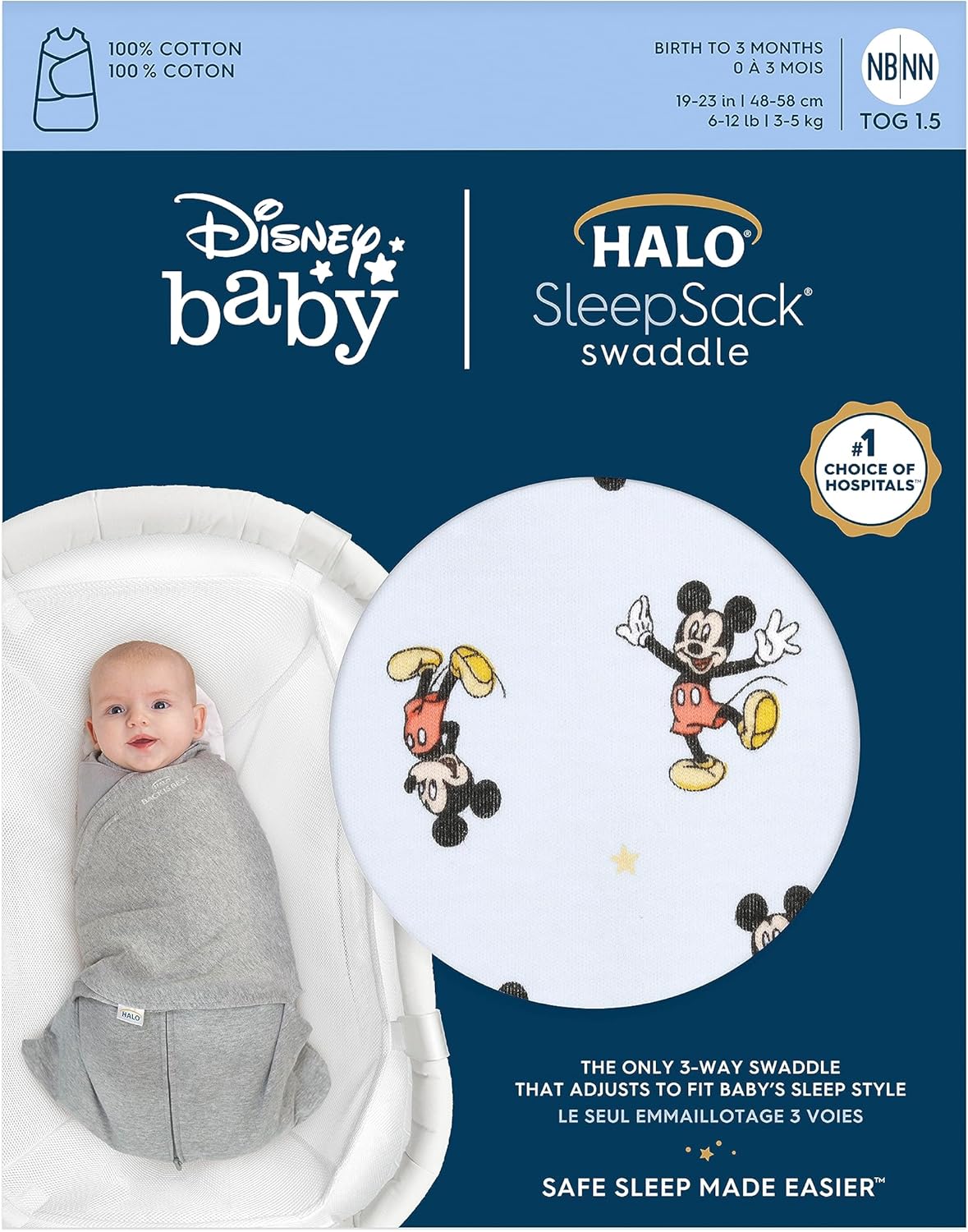 HALO Disney Baby 100% Cotton Sleepsack Swaddle, 3-Way Adjustable Wearable Blanket, TOG 1.5, Mickey Fun, Small, 3-6 Months