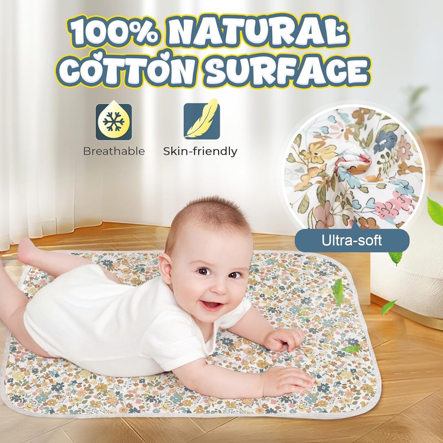 Baby Diaper Changing Pad – 31.5" x 21.5" Extra Large Waterproof Absorbent Portable Changing Mat, Reusable Changing Pad Liner for Travel or at Home Use(Floral1)