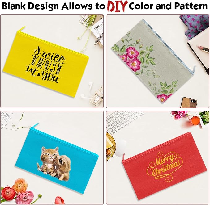 12 Pieces Cotton Canvas Makeup Bag, Blank DIY Craft Bag