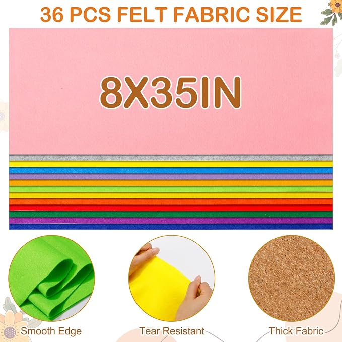 36 Rolls Felt Fabric Sheet Bulk 8"x35" 1.4mm Thick Soft Felt Sheet 36 Assorted