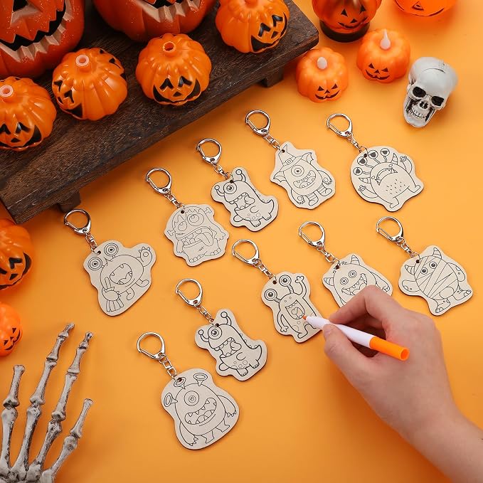 RattanView 24 Pcs Monster Craft Color Your Own Keychains Diy Craft Wooden Blank