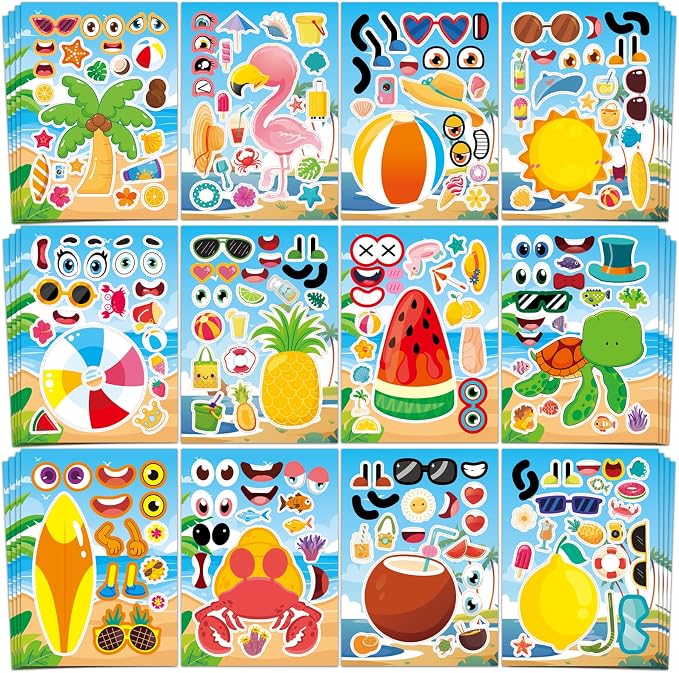 Aowplc 48 Sheets Summer Fun Make-a-Face Sticker Set