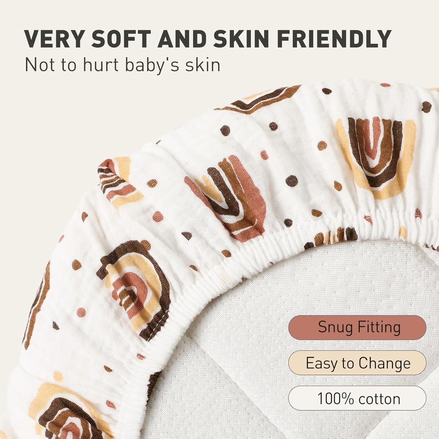 Muslin Bassinet Fitted Sheets, 2 Pack for Baby Boy and Girl, Soft Breathable Stretchy Baby Pad/Mattress Sheet Set, Universal Fit for Hourglass Oval and Rectangle Bassinet Mattress (Cute Rainbow)