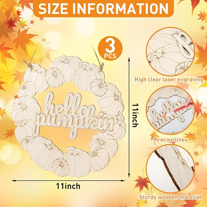 Unfinished Fall Wreaths Wood Crafts to Paint Set of 3, Unfinished Wood Cutouts