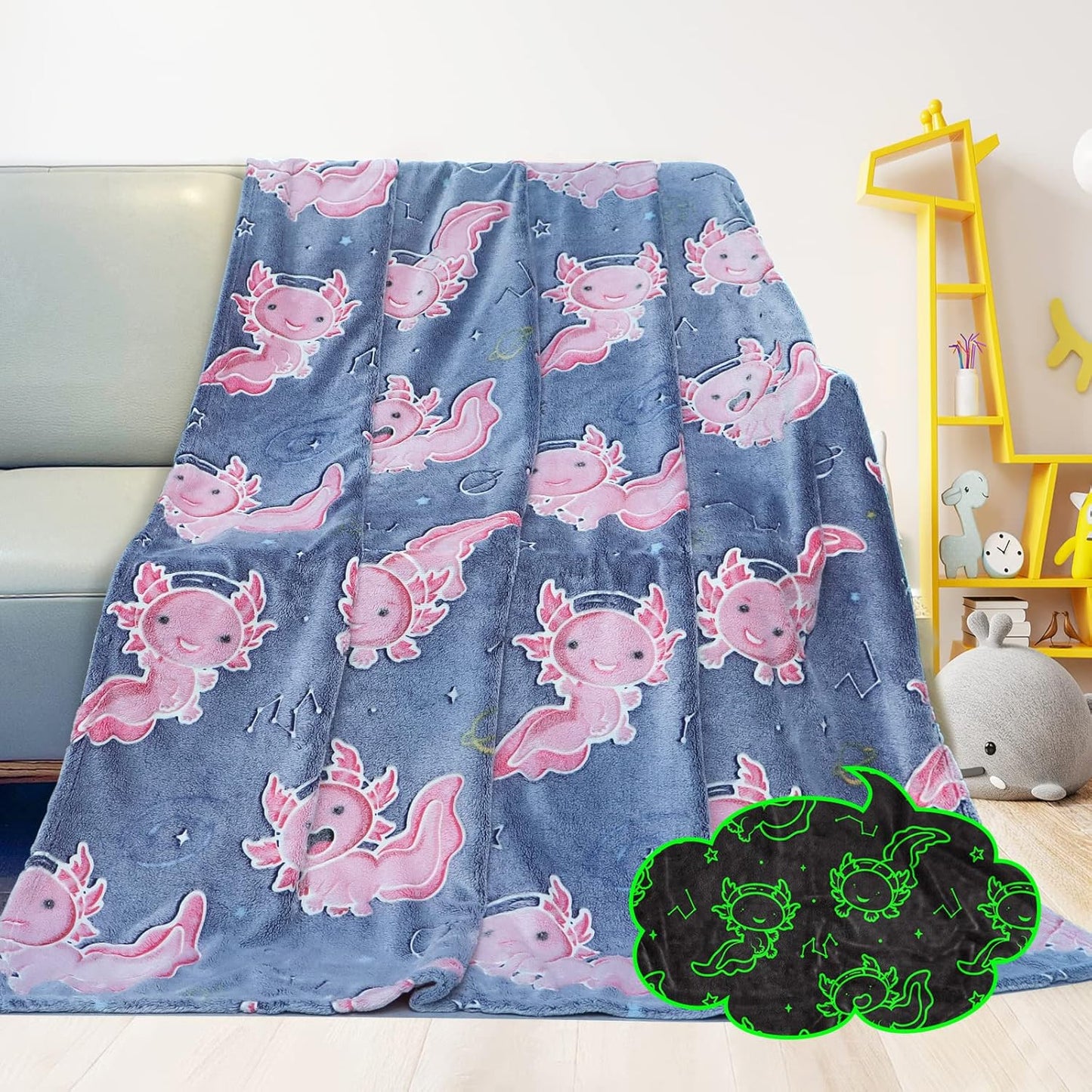 GEULAY Axolotl Twin Size Blanket for Bed & Couch - Glow in The Dark Axolotl Blanket Gifts for Girls Pink Salamander Fleece Twin Bed Throw Birthday Decoration for Bedroom All Season 60x80inch