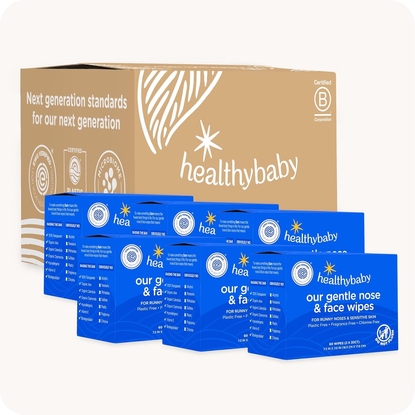 HealthyBaby Our Gentle Nose & Face Wipes | EWG Verified Safe | Soothing for Runny Noses & Sensitive Skin | Plastic-Free, Fragrance Free, Totally Chroline Free (6 boxes, 360 wipes)