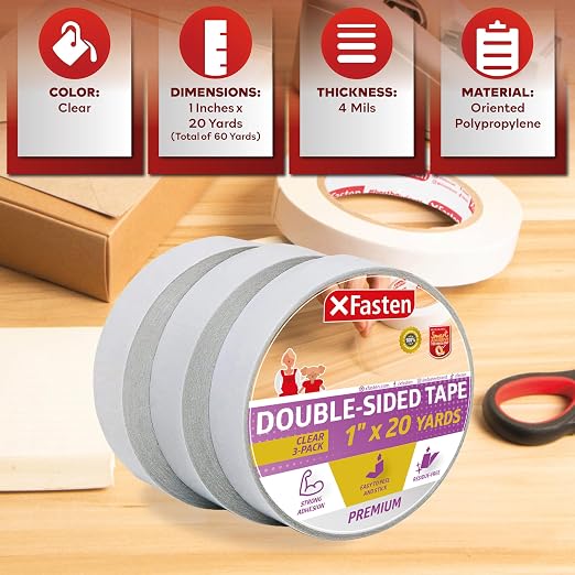 XFasten Double Sided Tape Clear, 1-Inch by 20-Yards, Holding Carpets, and