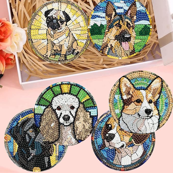 8 Pack Diamond Art Coasters, Dog Animal Diamond Painting Coasters Kits | Dog