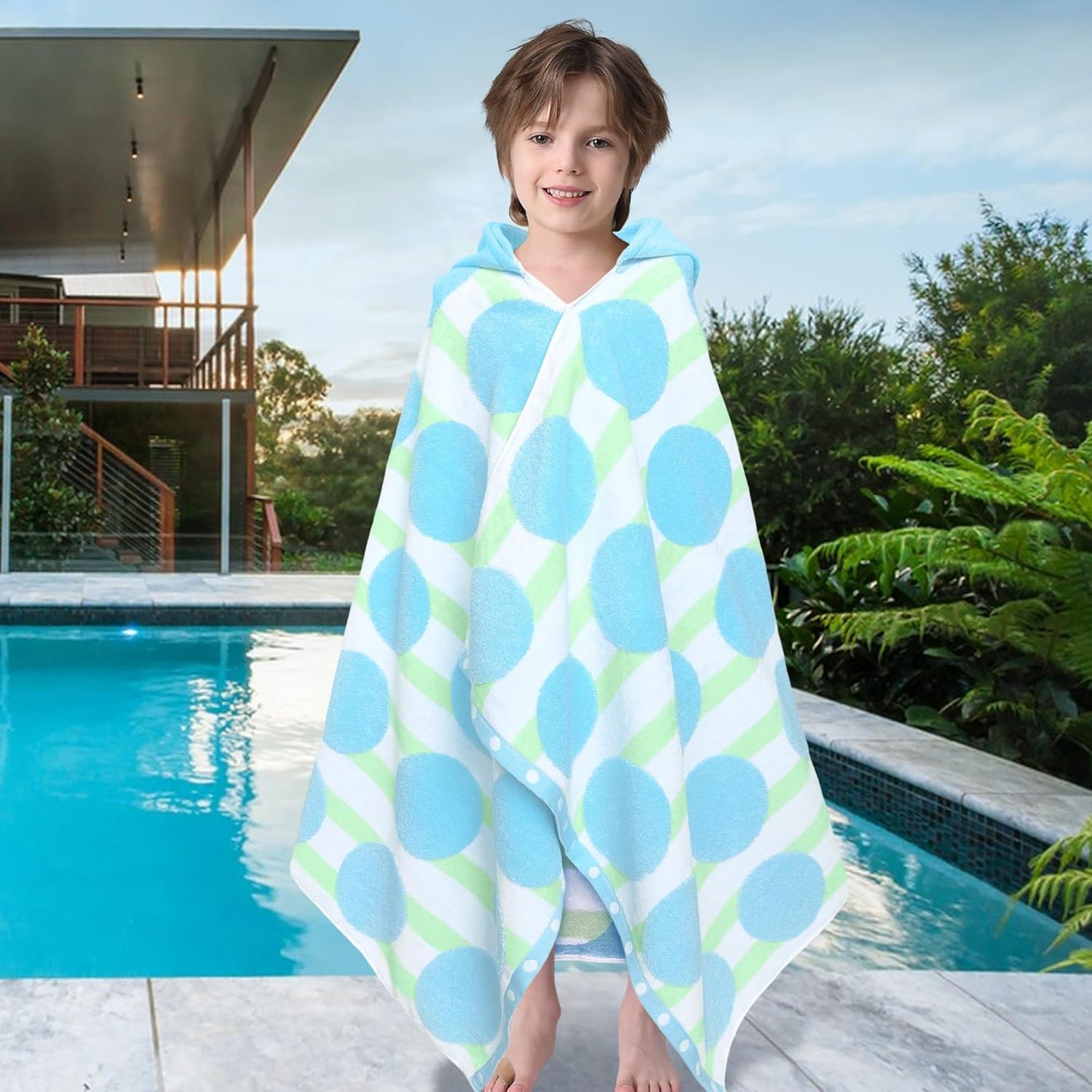 VOOVA & MOVAS Toddler Beach Towel (3-10Years), Absorbent Quick Dry Lightweight Towel Wrap with Hood for Pool | Swim | Bath, Blue Dot Strip
