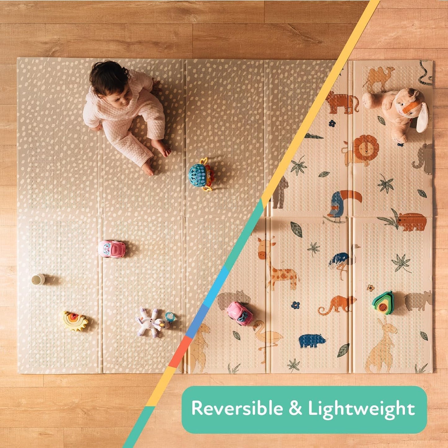 Nuby Reversible Baby Floor Mat, 77" x 58" - Foldable and Lightweight Baby Play Mat for Floor - Easy Storage and Travel - Safari
