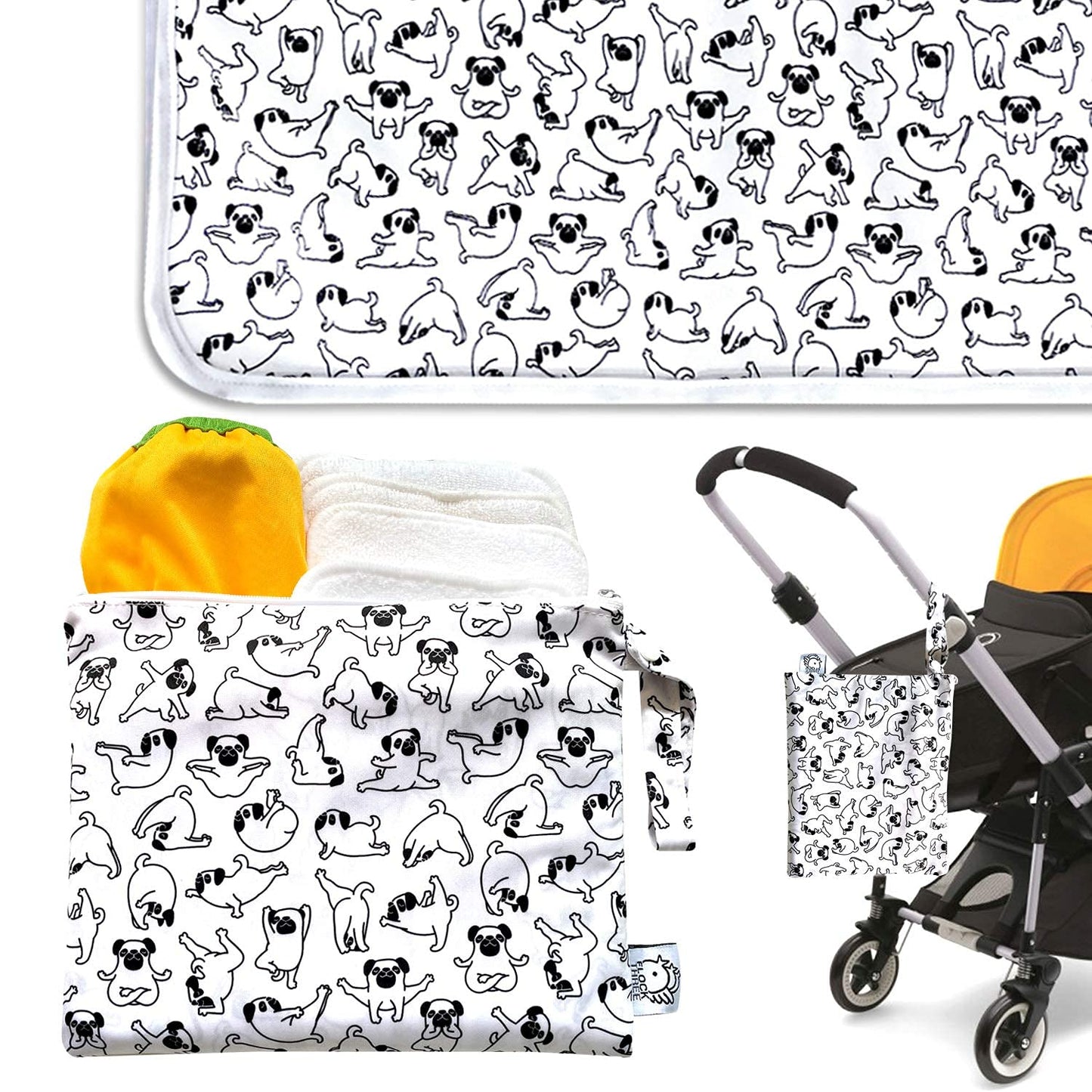 Flock Three Waterproof Baby Diaper Changing Pad with Storage Bag (43.3" X 28.7") Washable Wipeable Reusable Leak Proof Diaper Travel Mat Station Changing Mattress Liner Cribs Bed Cover, Dogs
