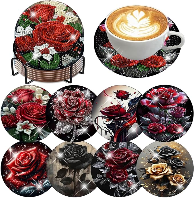 8 Pack Diamond Art Coasters, Rose Flowers Diamond Painting Coasters Kits |