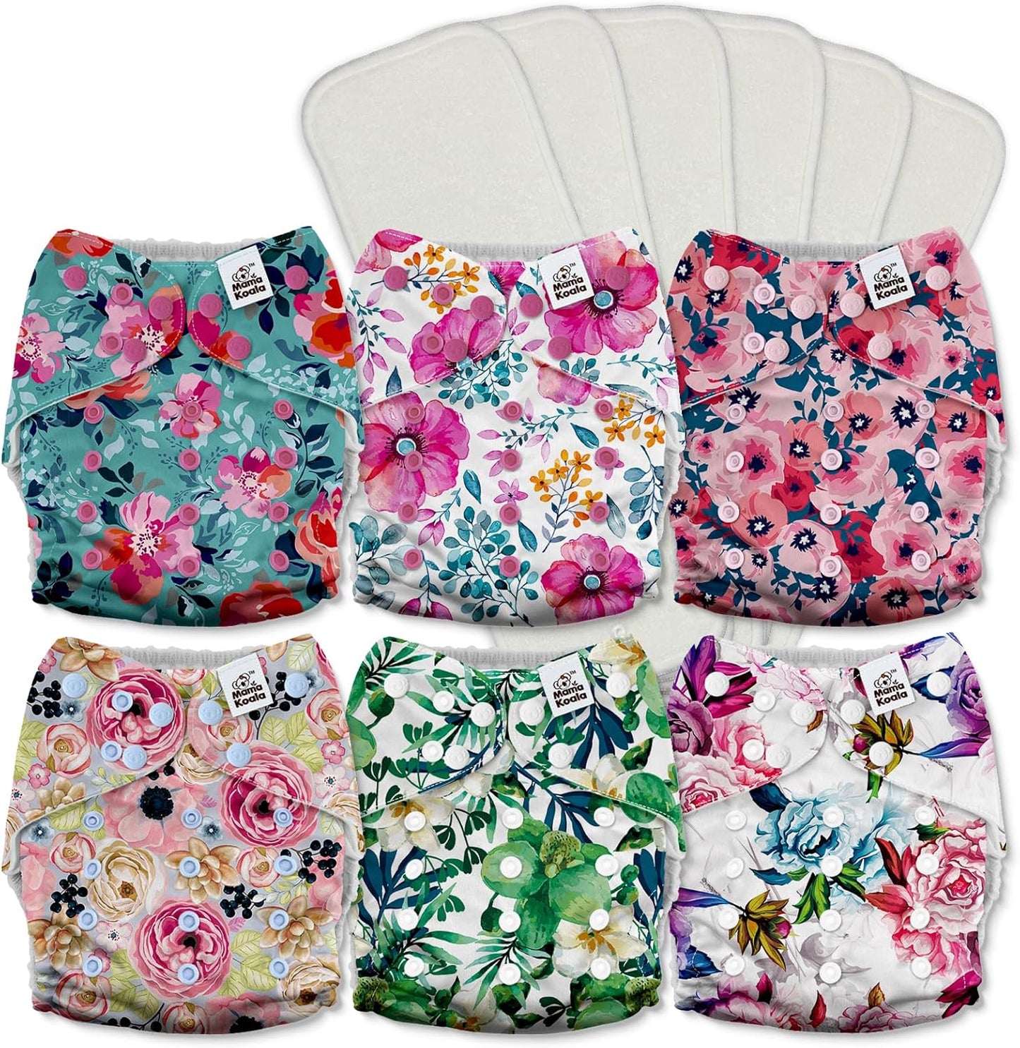 Mama Koala 3.0 Pocket Cloth Diapers for Babies with AWJ Lining, 6 Pack with 6 5-Layer Natural Cloth Diaper Inserts - Reusable and Washable Pocket Diapers(A-Bloomin' Lovely)