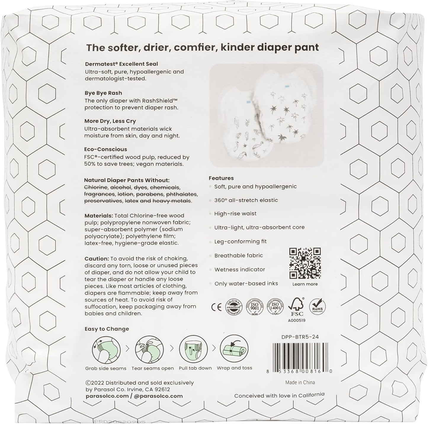 Parasol Clear+Dry Natural Disposable Diaper Pants, RashShield Protection and Active 360 Comfort Wrap, Hypoallergenic Training Diapers, Size 5 (3T-4T), 96 Count