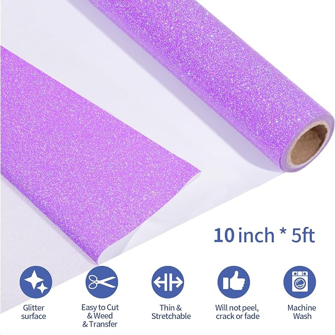 VINYL FROG Neon Purple Glitter Heat Transfer Vinyl Roll 10"x5ft Bright Purple