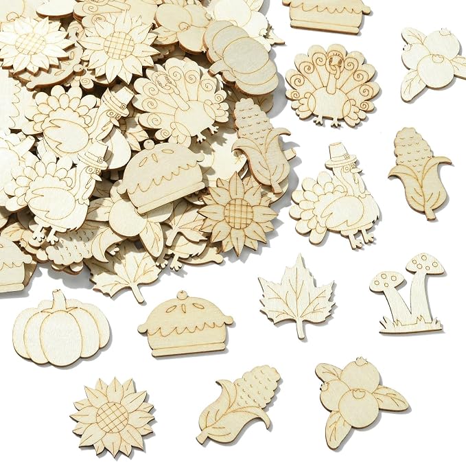 100 pcs Mixed Styles Thanksgiving Theme Unfinished Wooden Cutout Charms Pumpkin