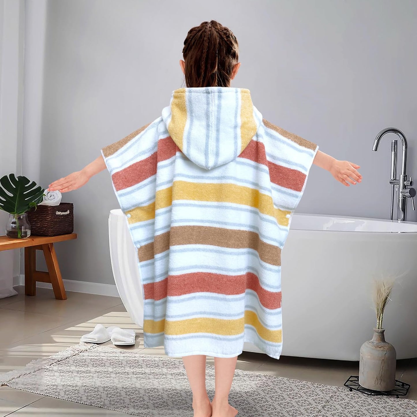 VOOVA & MOVAS Kids Hooded Poncho Towels (4-8Years,27.5"x27.5"),100% Cotton Soft Absorbent Towel for Boys,Perfect for Bathroom | Pool | Beach | Swimming, Jacquard Stripe