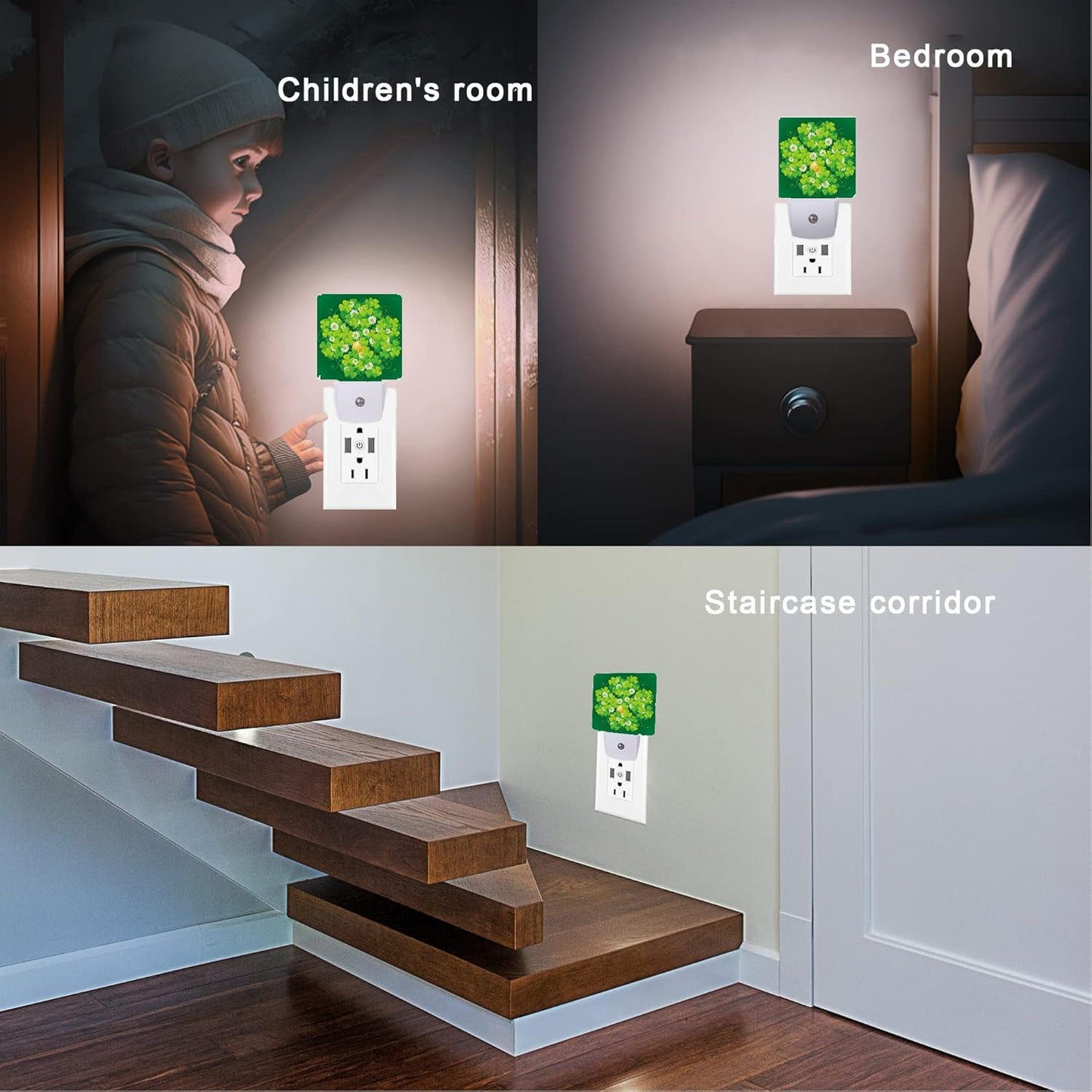 St Patrick's Day Night Light,Happy Green Clover Night Lights Plug into Wall with Dusk to Dawn Light Sensors 0.5W Led Night-Lights for Stairway/Hallway/Bedroom St Patrick's Day Décor
