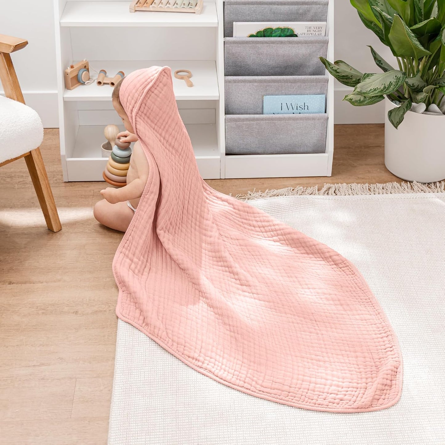 Comfy Cubs Hooded Baby Towel 2-Pack, Large 32 x 32 Inch - 6 Layer 100% Muslin Cotton for Babies, Toddlers and Kids - Soft & Absorbent Baby Bath Towels - Unisex Design for Bath Time - Bold Blush