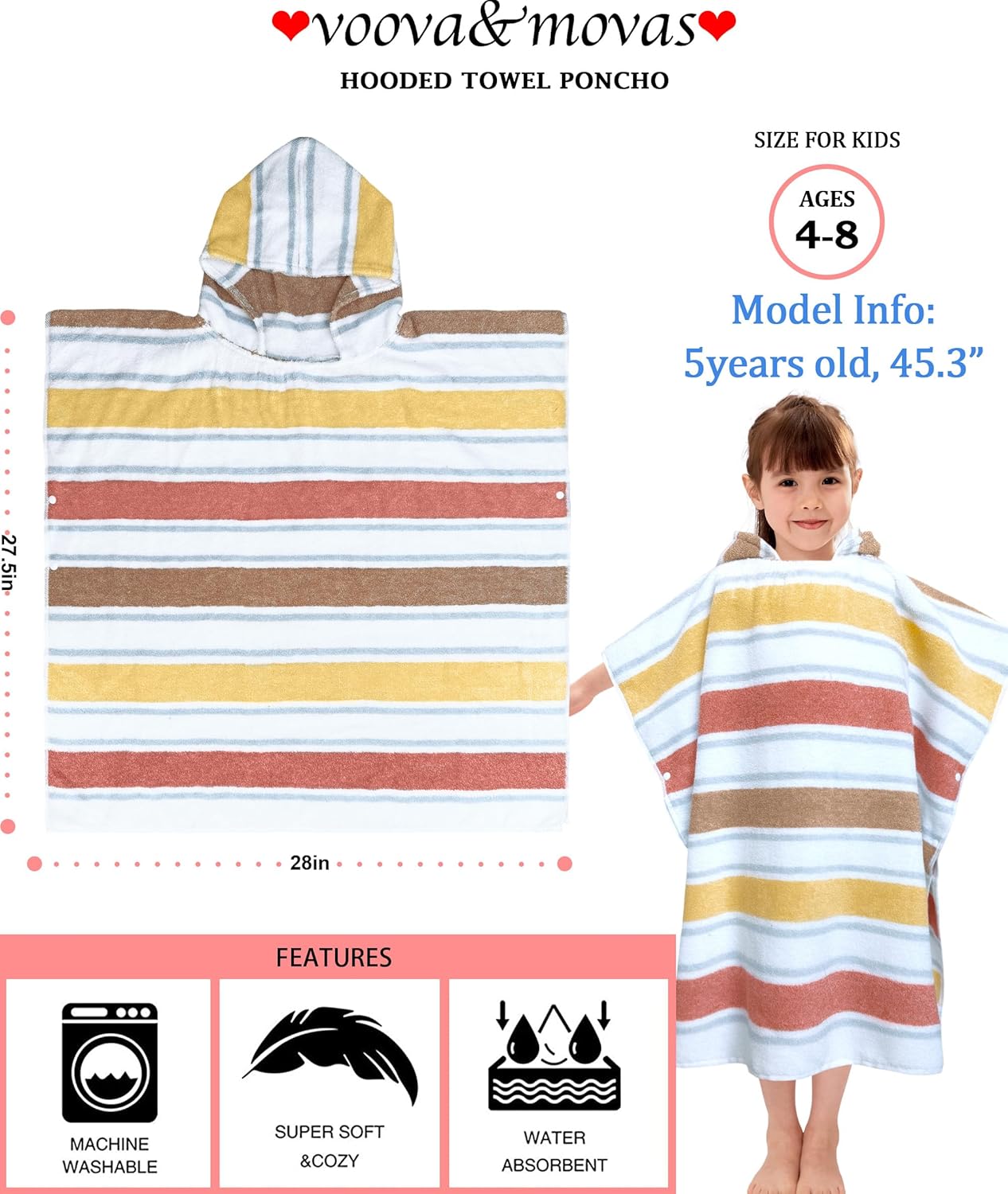 VOOVA & MOVAS Kids Hooded Poncho Towels (4-8Years,27.5"x27.5"),100% Cotton Soft Absorbent Towel for Boys,Perfect for Bathroom | Pool | Beach | Swimming, Jacquard Stripe
