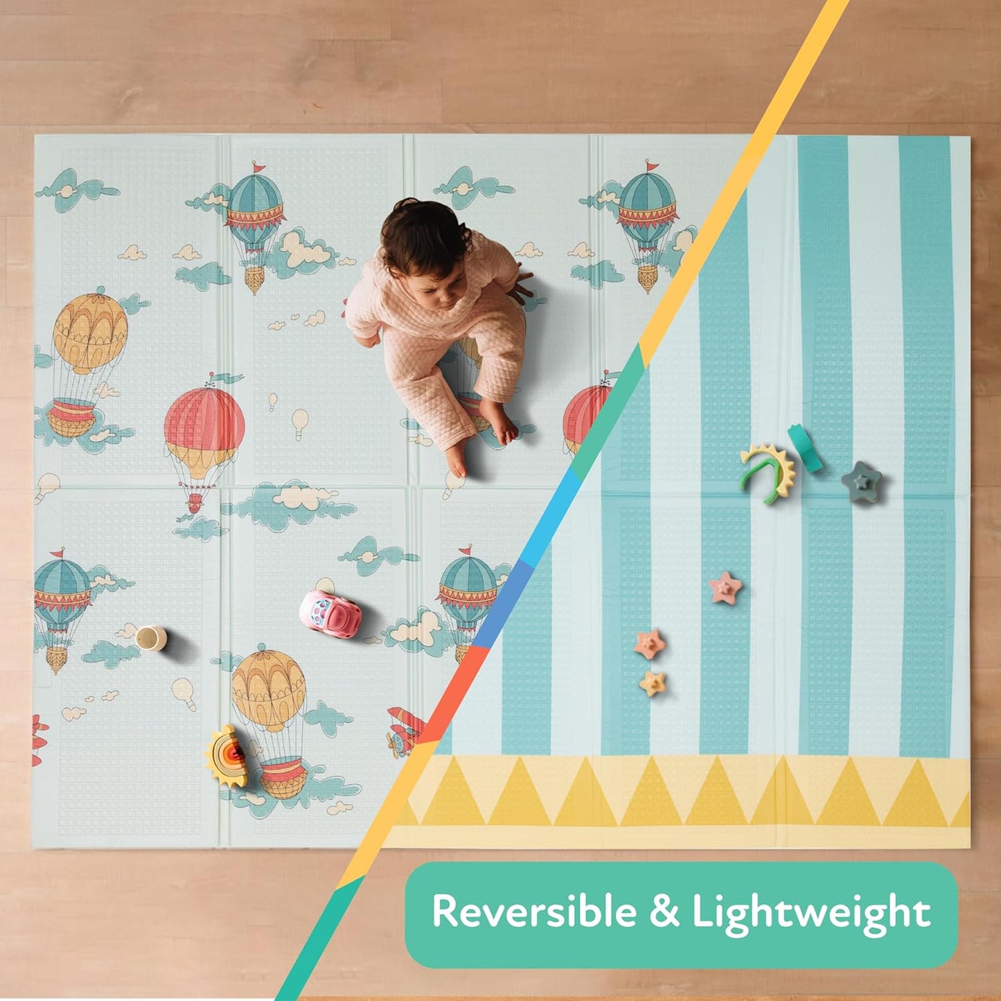 Nuby Reversible Baby Floor Mat - Foldable and Lightweight Foam Infant Play Mat - 77" x 58" - Easy Storage and Travel - Hot Air Balloons/Stripes