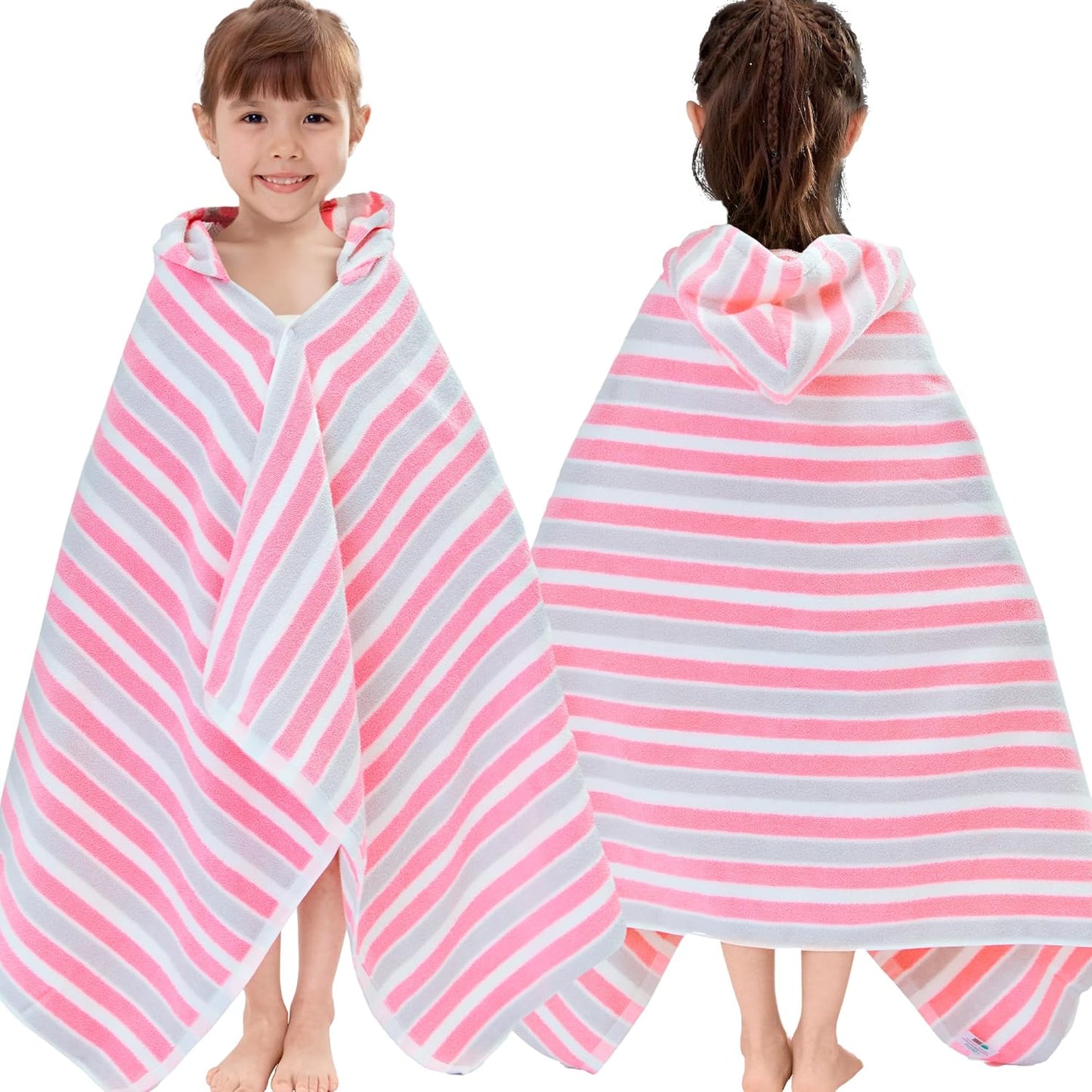 VOOVA & MOVAS Hooded Towels for Kids - 100% Cotton (3-10Years) - Quick Dry Absorbent Lightweight Wrap Towel for Pool | Swim | Beach | Bath, Girls, Pink Gray Stripe