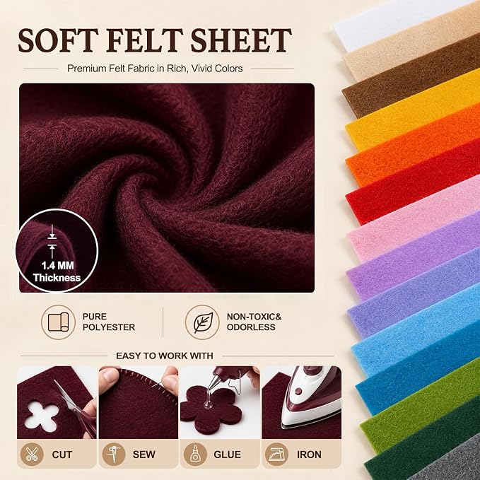 Burgundy Large Felt Fabric 36" x 36", 1.4 mm Soft Felt Sheet, Nonwoven Fabric