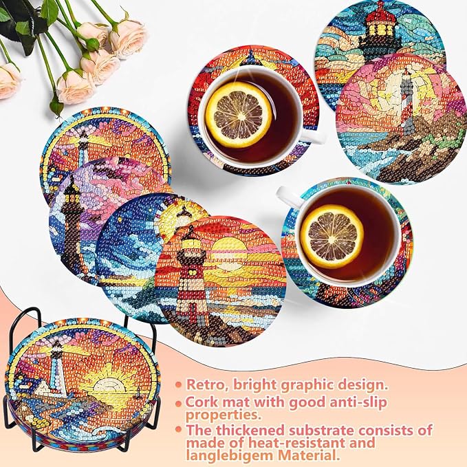 8 PCS Diamond Art Coasters Kits Lighthouse Diamond Painting Coaster | Diamond