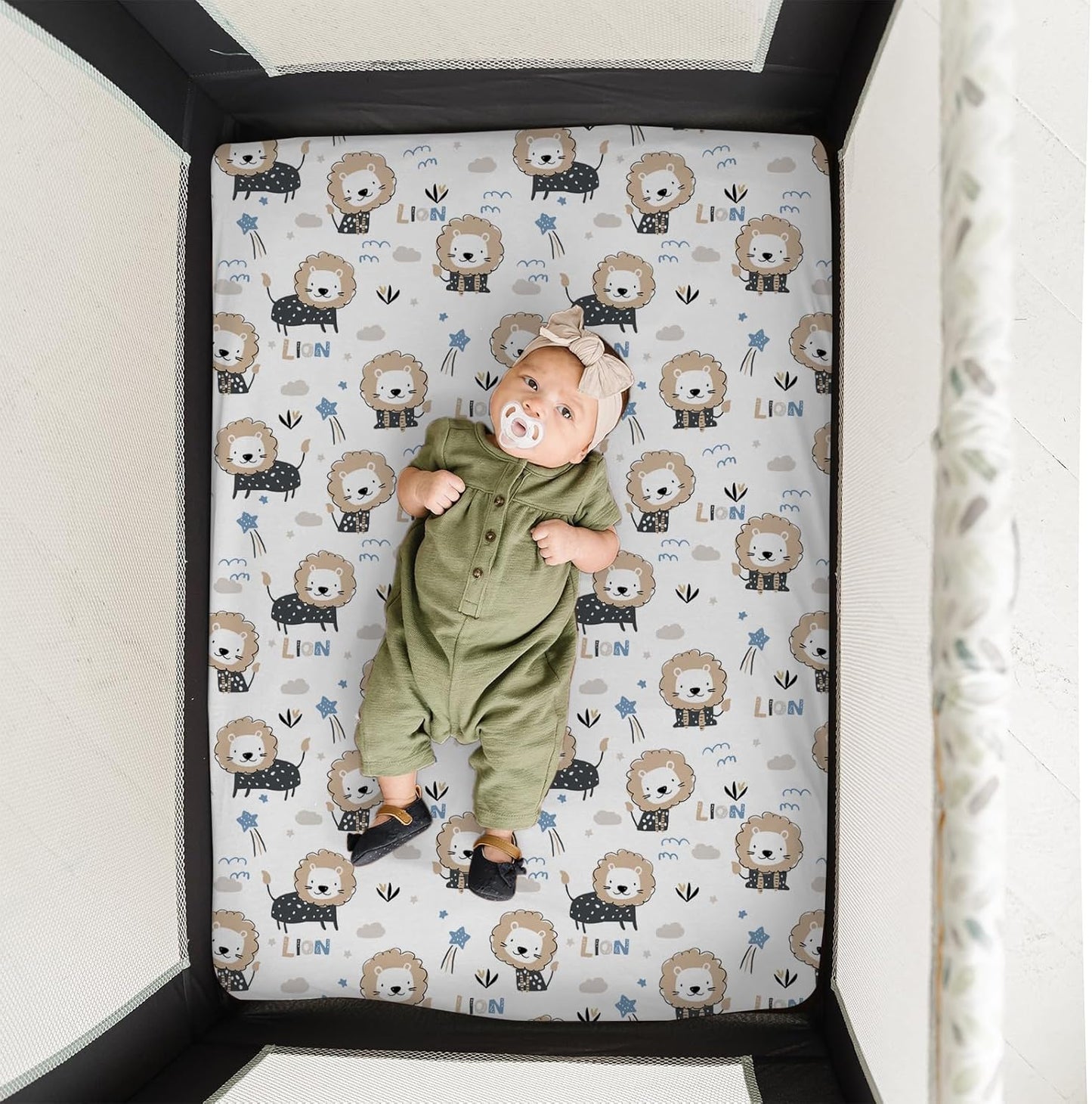 Pack n Play Sheets, BROLEX 2 Pack Mini Crib Sheets,Stretchy Portable Fitted Playard Sheet Set, Convertible Playard Mattress Cover,Ultra Soft Breathable Material,Dinosaur Lion