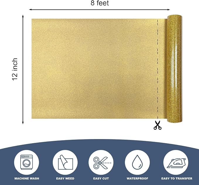 Gold Glitter Heat Transfer Vinyl 12" x 8 ft HTV