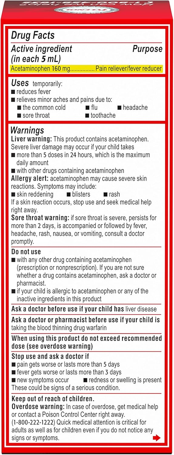 Children's Tylenol Liquid Oral Suspension Pain Reliever & Fever Reducer with Acetaminophen, Aspirin-, Ibuprofen-, High Fructose Corn Syrup- & Dye-Free, Cherry, 4 Fl. Oz
