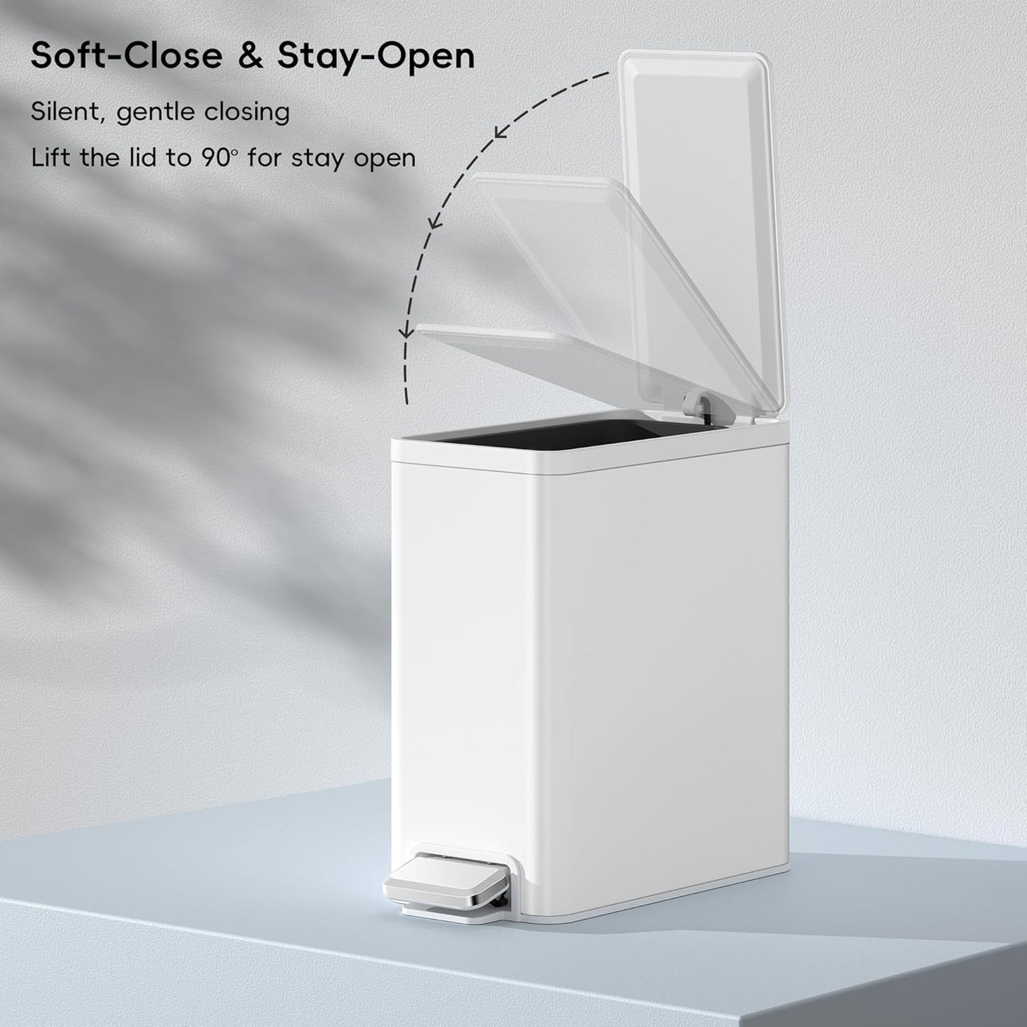 EKO Slim Small Bathroom Trash Can with Lid, Stainless Steel Small Garbage Can with Removable Inner Bucket, 6L / 1.6 Gal, Step On Trash Bin (White)