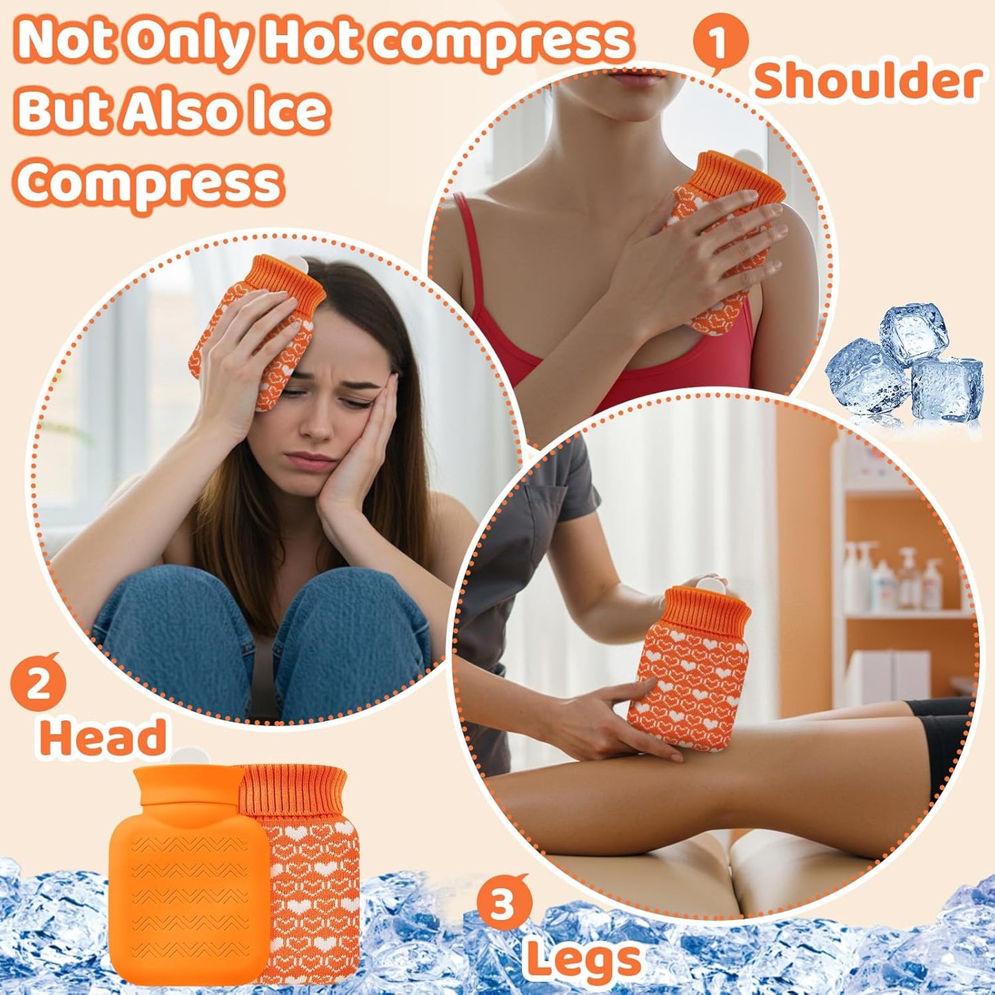 Amylove Mini Hot Water Bottle 320ml for Hot & Cold Compress with Cover Silicone Microwave Heating Small Water Bag for Travel Pain Relief Holiday Gifts(Orange)