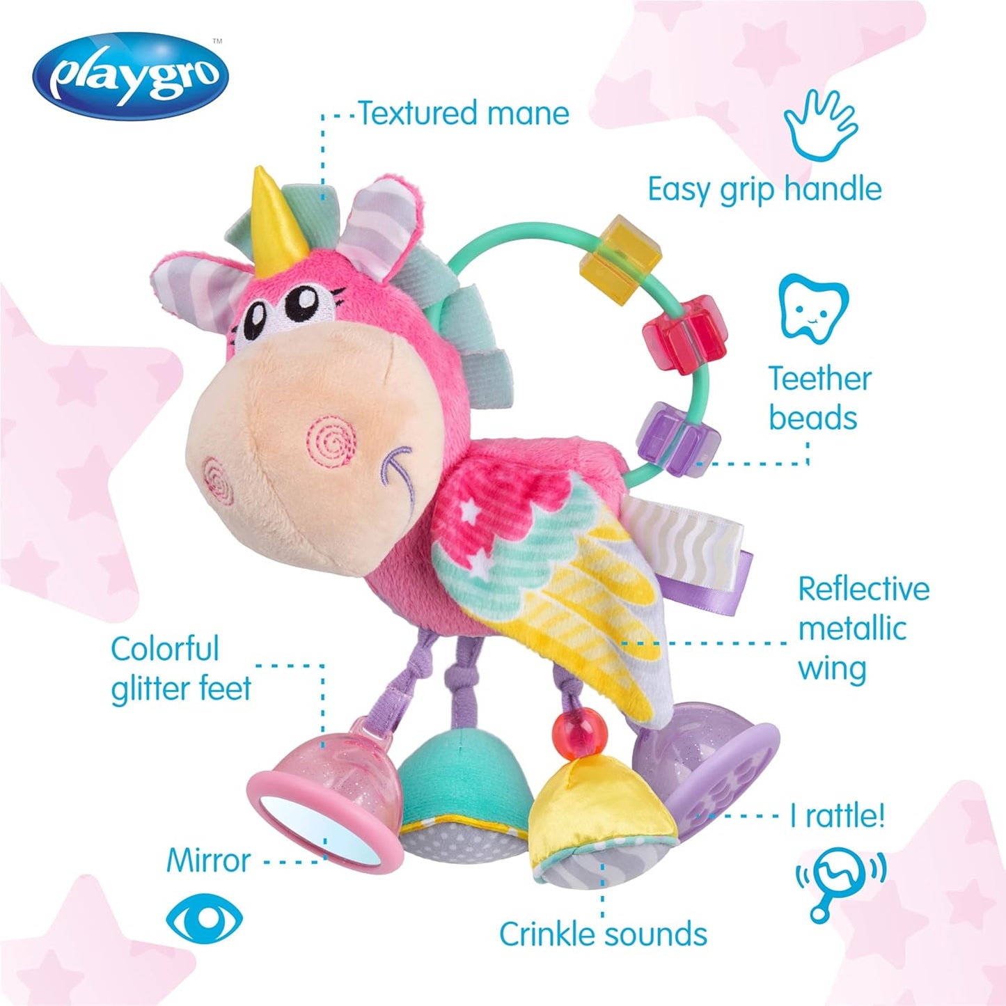 Playgro Unicorn Soft Baby Toys 3-6-12 Months Developmental, 3+ Months Rattles Teething Toys for Babies, Newborn & Infant Sensory Non-Toxic Plush Baby Rattle for Boy Girl Clip Clop Activity Gift