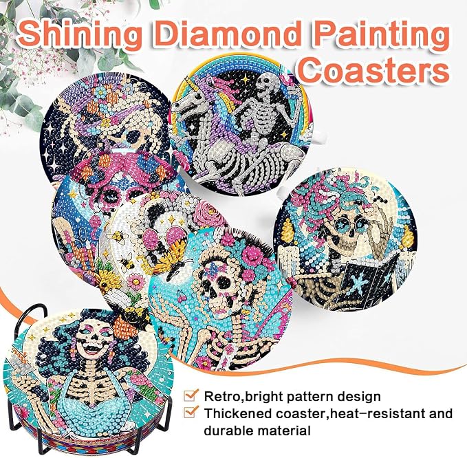 ijbnhd 8 PCS Skull Diamond Art Coasters Kit Diamond Painting Coasters | Skull