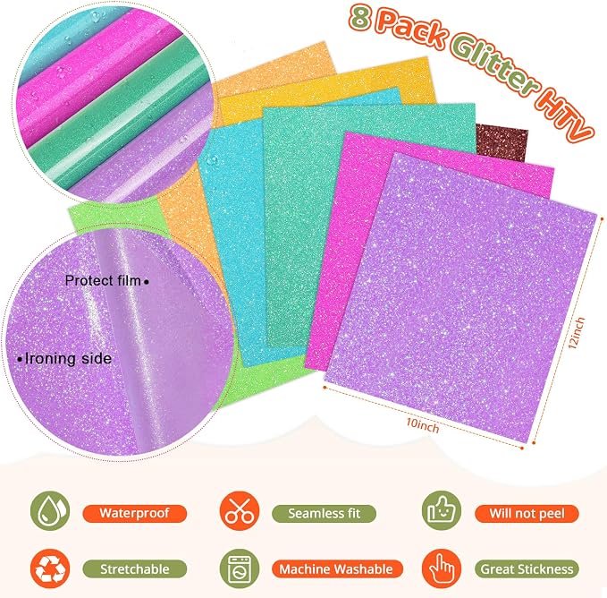 WRAPXPERT Neon Glitter HTV Heat Transfer Vinyl Bundle, 8 Packs Glitter Iron on