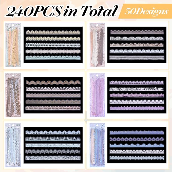 240PCS/6 Packs Lace Transparent Stickers, Vintage PET Lace Scrapbooking