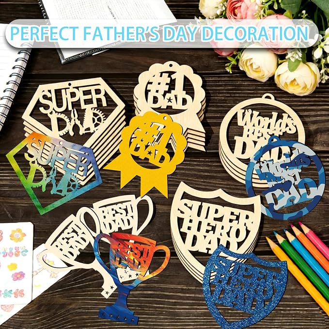Dad 40Pcs 5 Type Unfinished Wood Crafts Fathers Day DIY Cutouts Dad Birthday