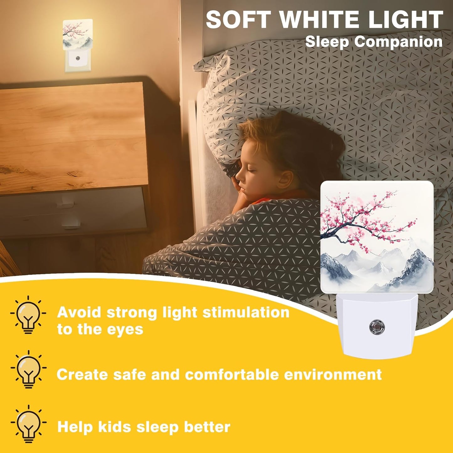 Cherry Blossom Tree Night Light, Japanese Mountains Plug-in Nightlight with Dusk to Dawn Auto Sensor for Home Bedroom Hallway Kitchen 0.5W Sleep Friendly Led Lamp for Women Men